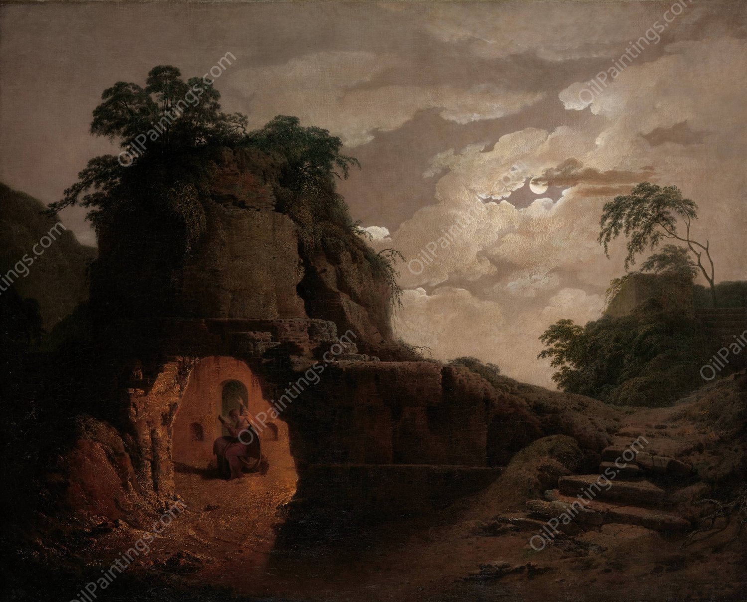 Virgil's Tomb by Moonlight, with Silius Italicus Declaiming  by Joseph Wright Of Derby - Hand-Painted Oil Painting Reproduction