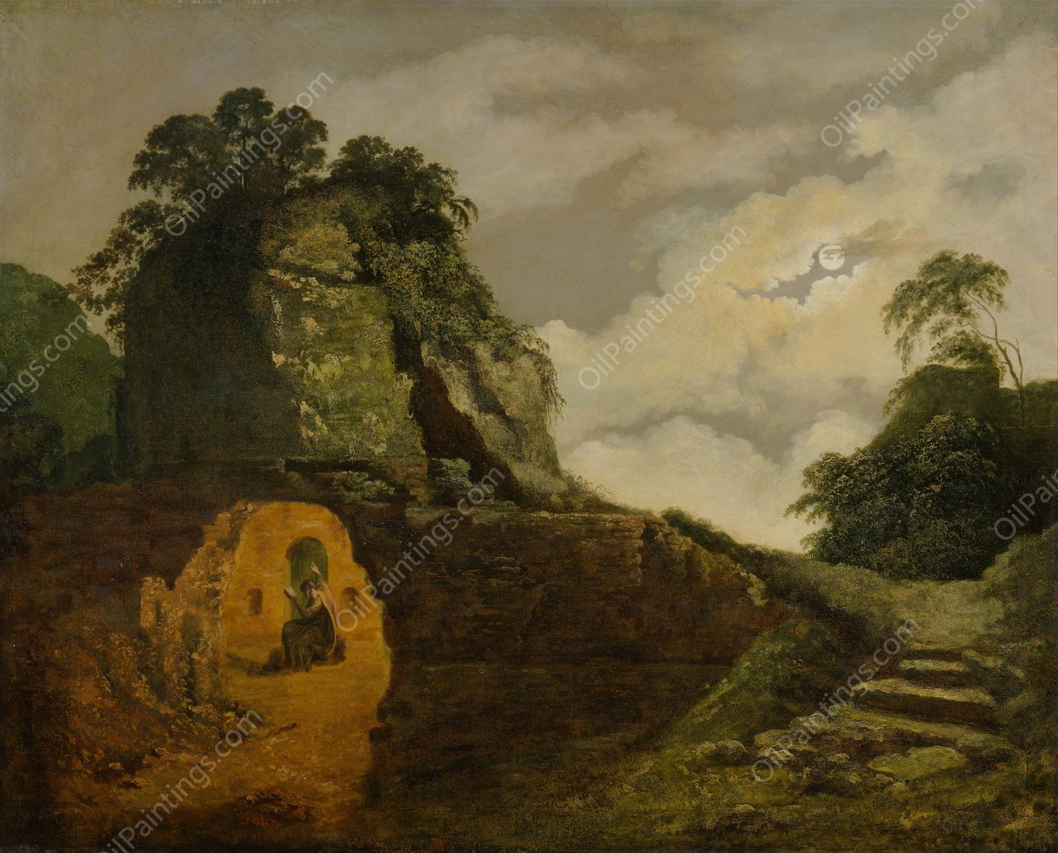 Virgil's Tomb by Moonlight, with Silius Italicus by Joseph Wright Of Derby - Hand-Painted Oil Painting Reproduction