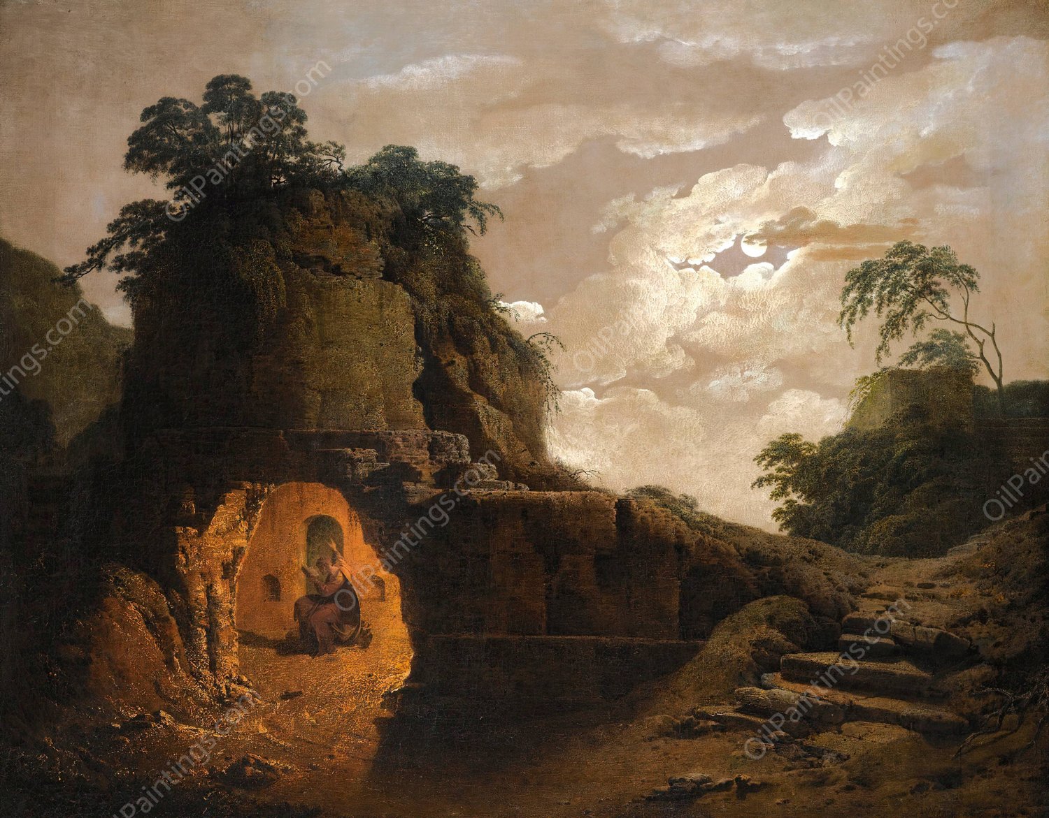 Virgil's Tomb By Moonlight  by Joseph Wright Of Derby - Hand-Painted Oil Painting Reproduction