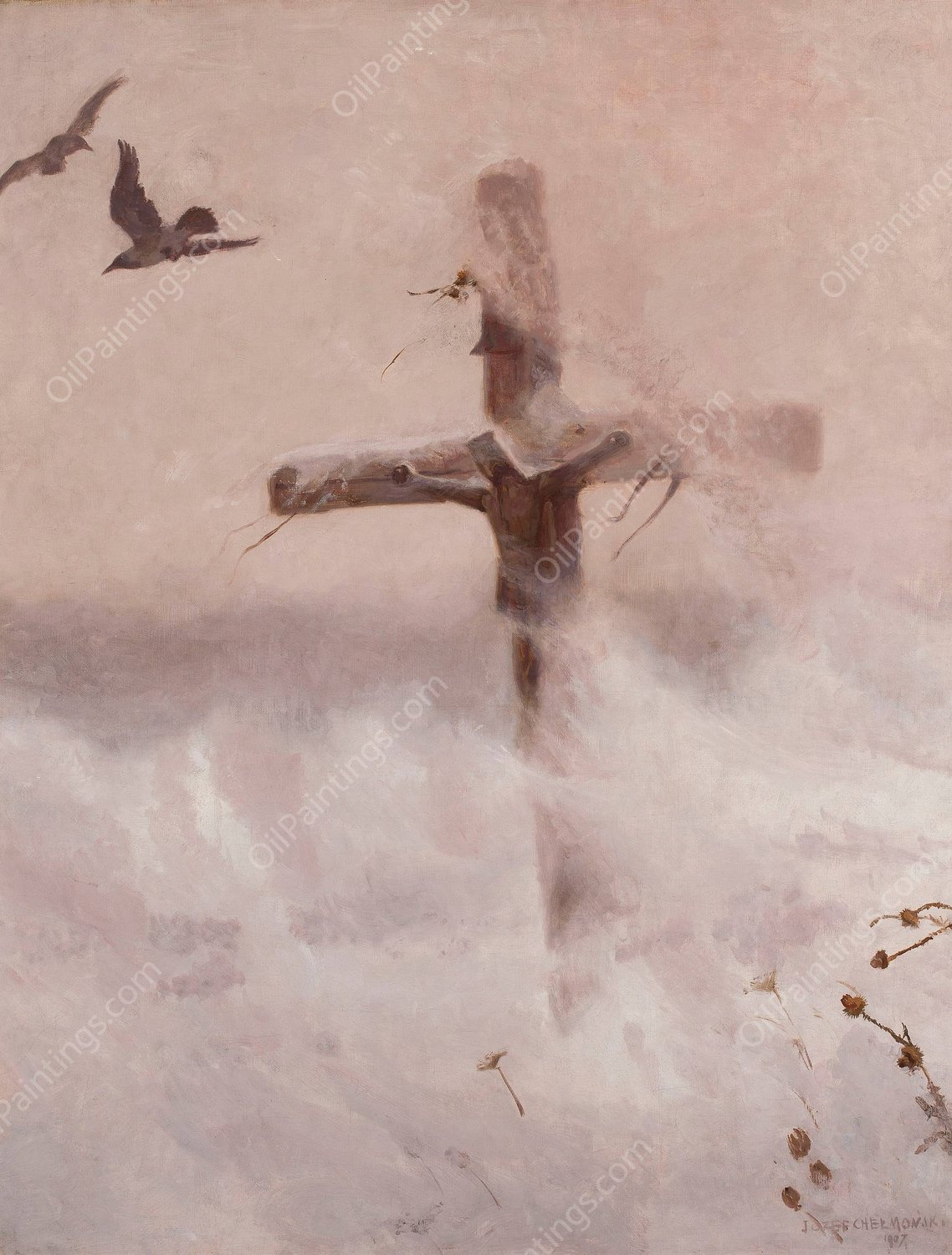 Cross in the snowdrift  by Jozef Chelmonski - Hand-Painted Oil Painting Reproduction