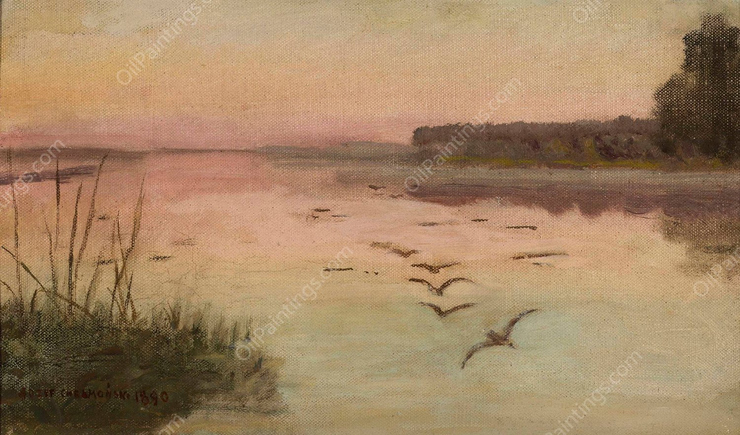 Lake at dusk  by Jozef Chelmonski - Hand-Painted Oil Painting Reproduction