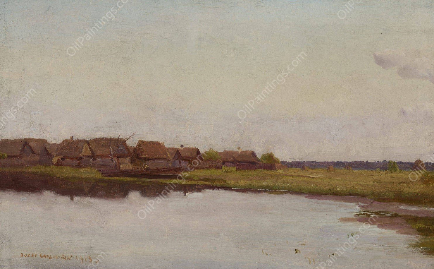 Village at waterside  by Jozef Chelmonski - Hand-Painted Oil Painting Reproduction