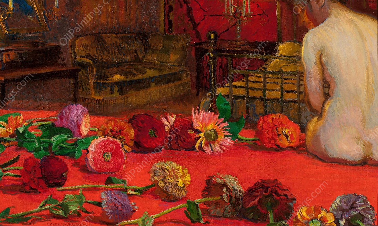 Zinnias  by Jozef Mehoffer - Hand-Painted Oil Painting Reproduction