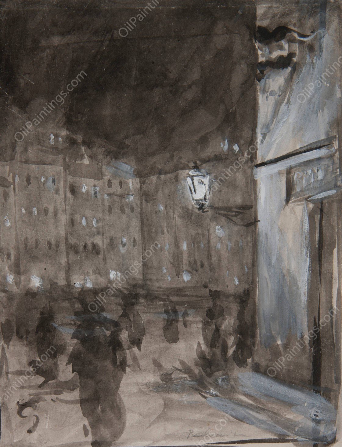 Old Town Market Square in Warsaw at night  by Jozef Pankiewicz - Hand-Painted Oil Painting Reproduction