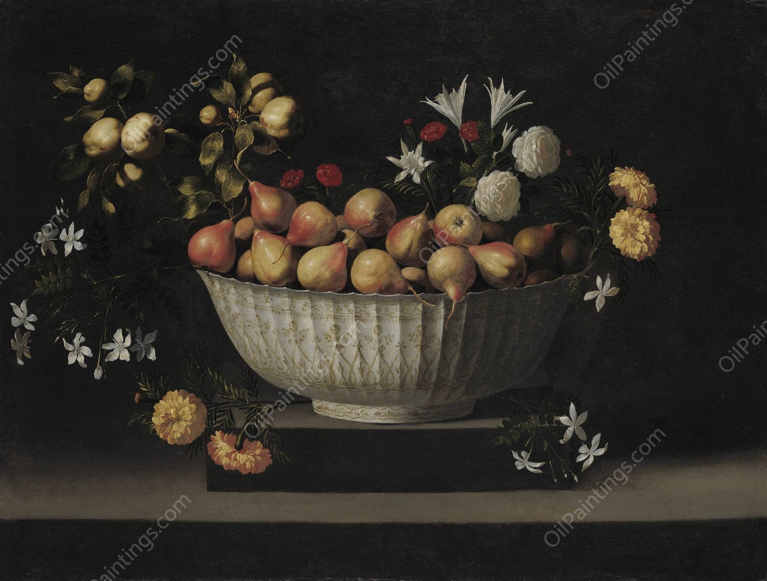 Flowers and Fruit in a China Bowl  by Juan De Zurbaran - Hand-Painted Oil Painting Reproduction