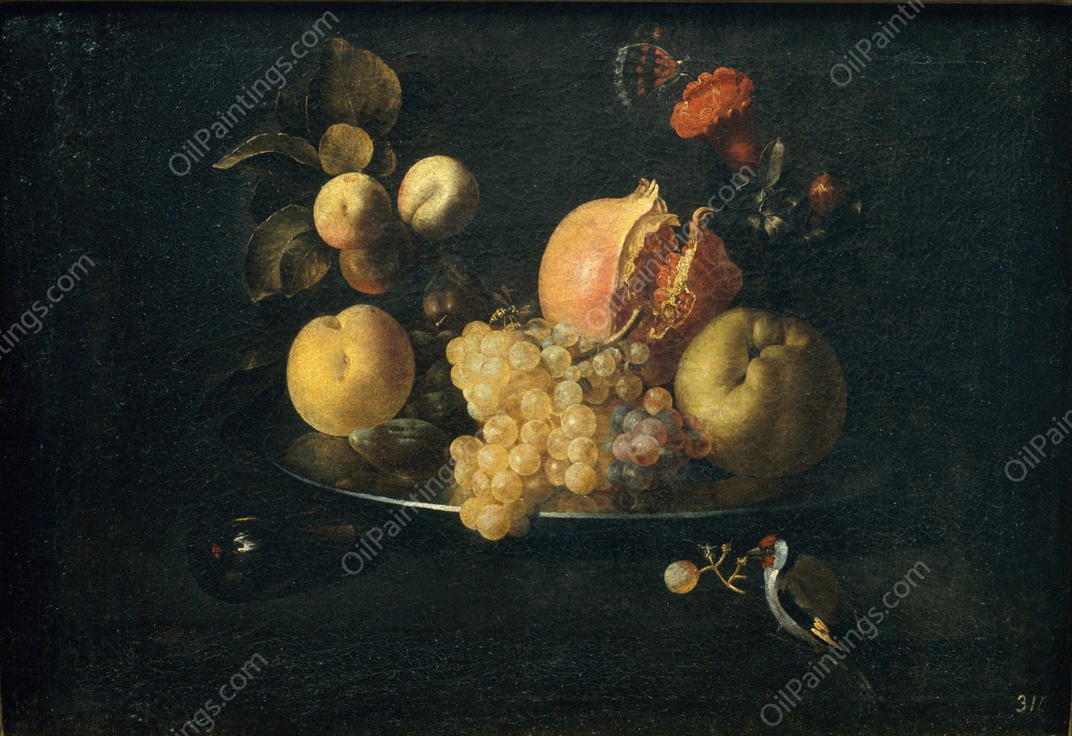 Still Life with Fruit and Goldfinch  by Juan De Zurbaran - Hand-Painted Oil Painting Reproduction