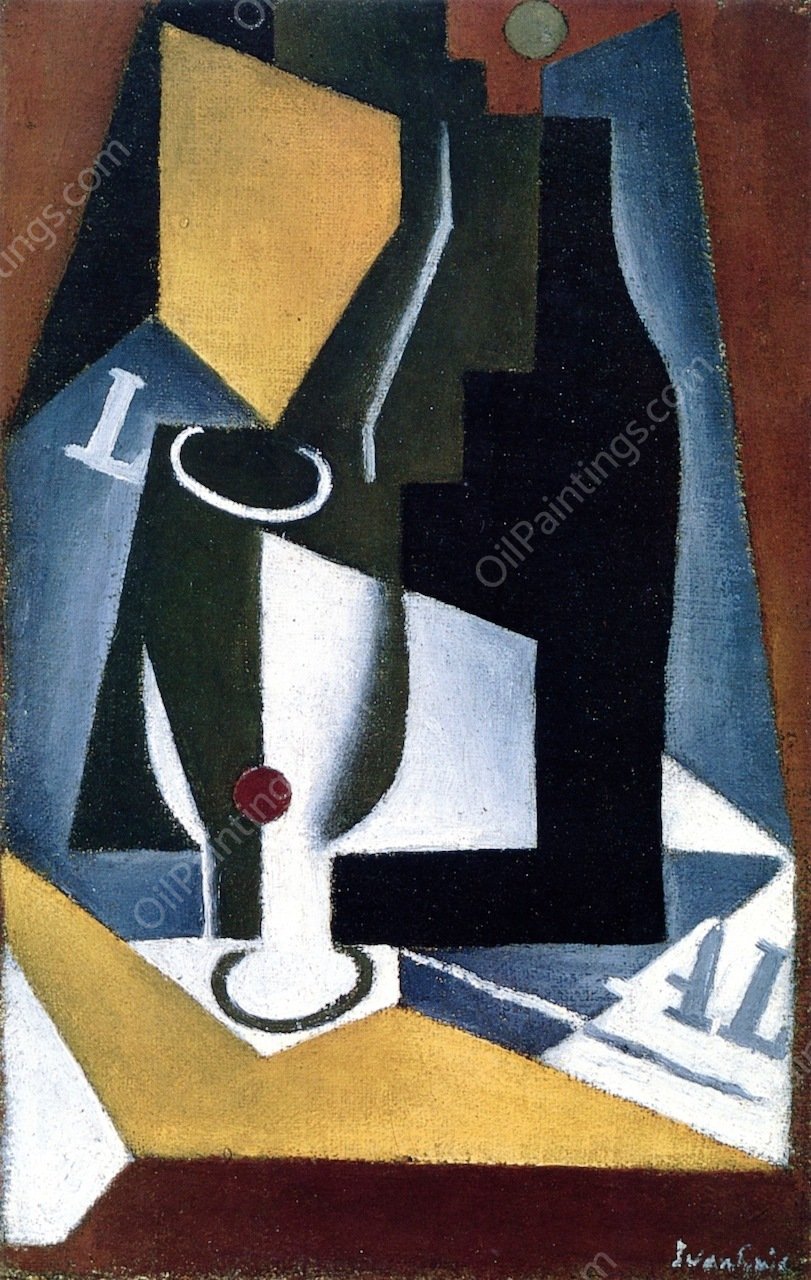 Bottle, Glass and Newspaper by Juan Gris - Hand-Painted Oil Painting Reproduction