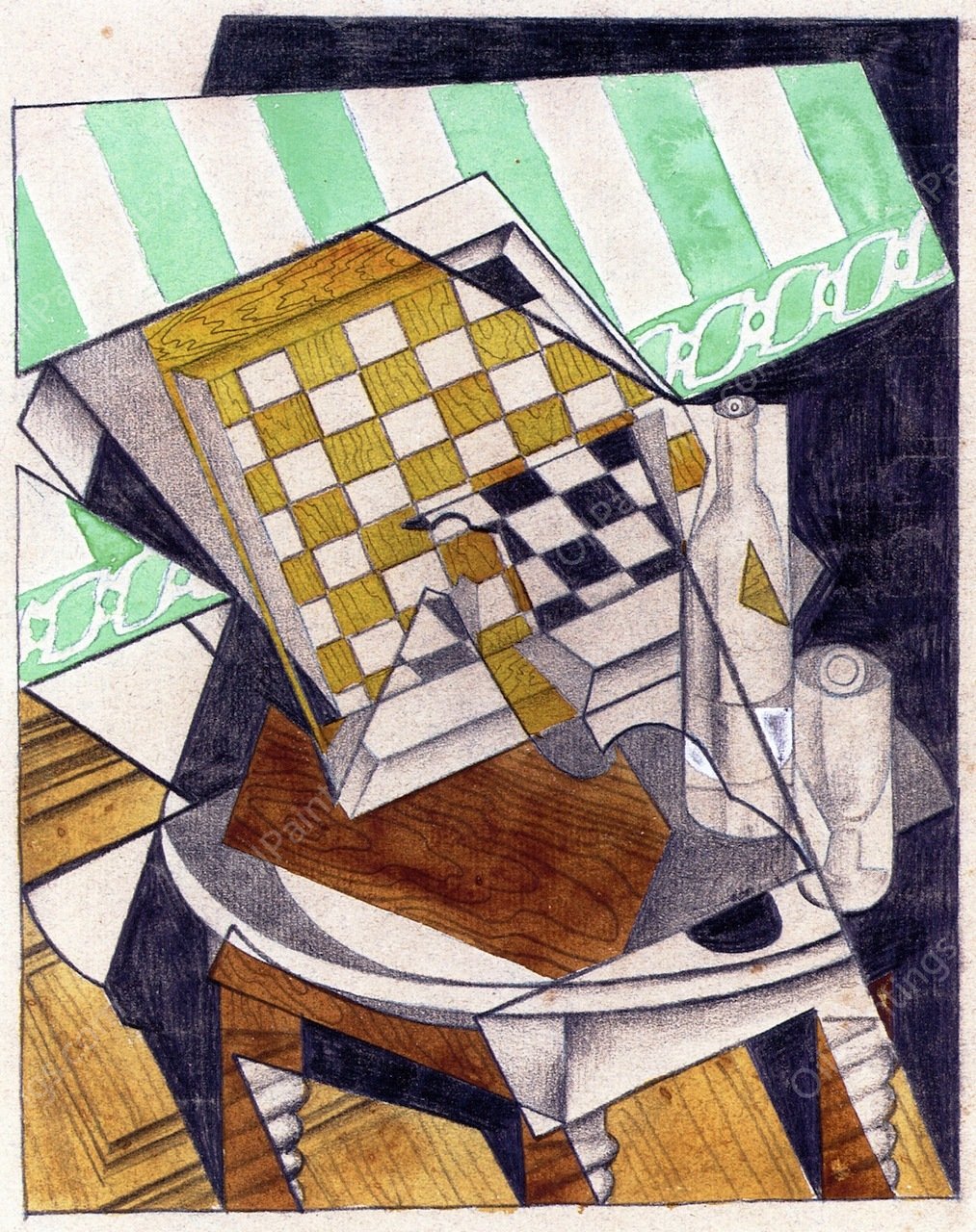 Checkerboard, Bottle and Glass on a Table by Juan Gris - Hand-Painted Oil Painting Reproduction