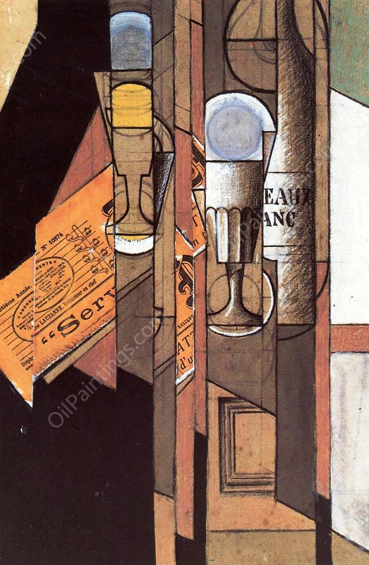 Glasses, Newspaper and Bottle of Wine by Juan Gris - Hand-Painted Oil Painting Reproduction
