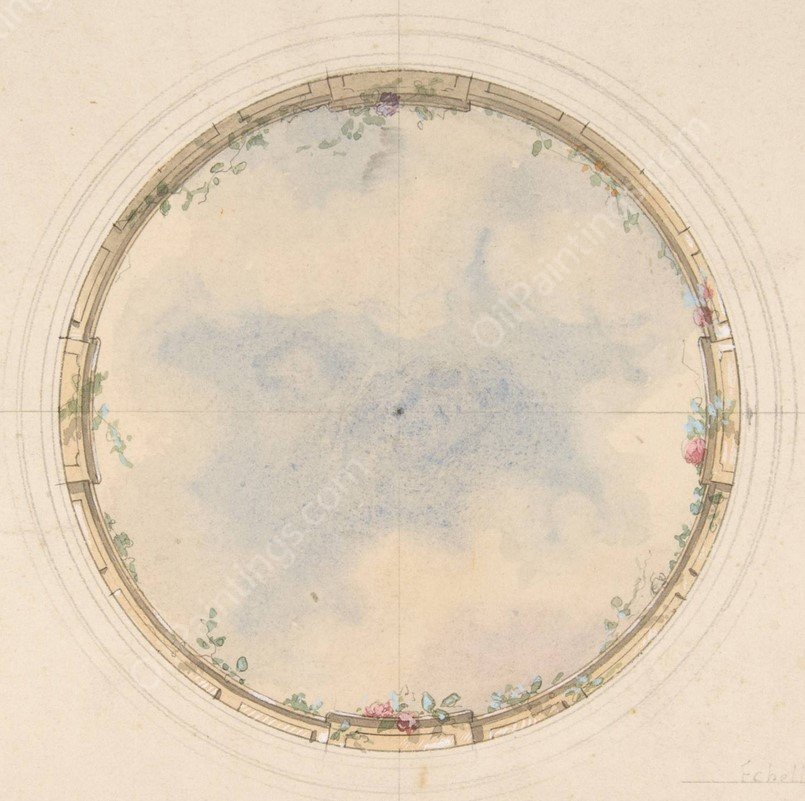 A Circular ceiling design with clouds and roses  by Jules-Edmond-Charles Lachaise - Hand-Painted Oil Painting Reproduction