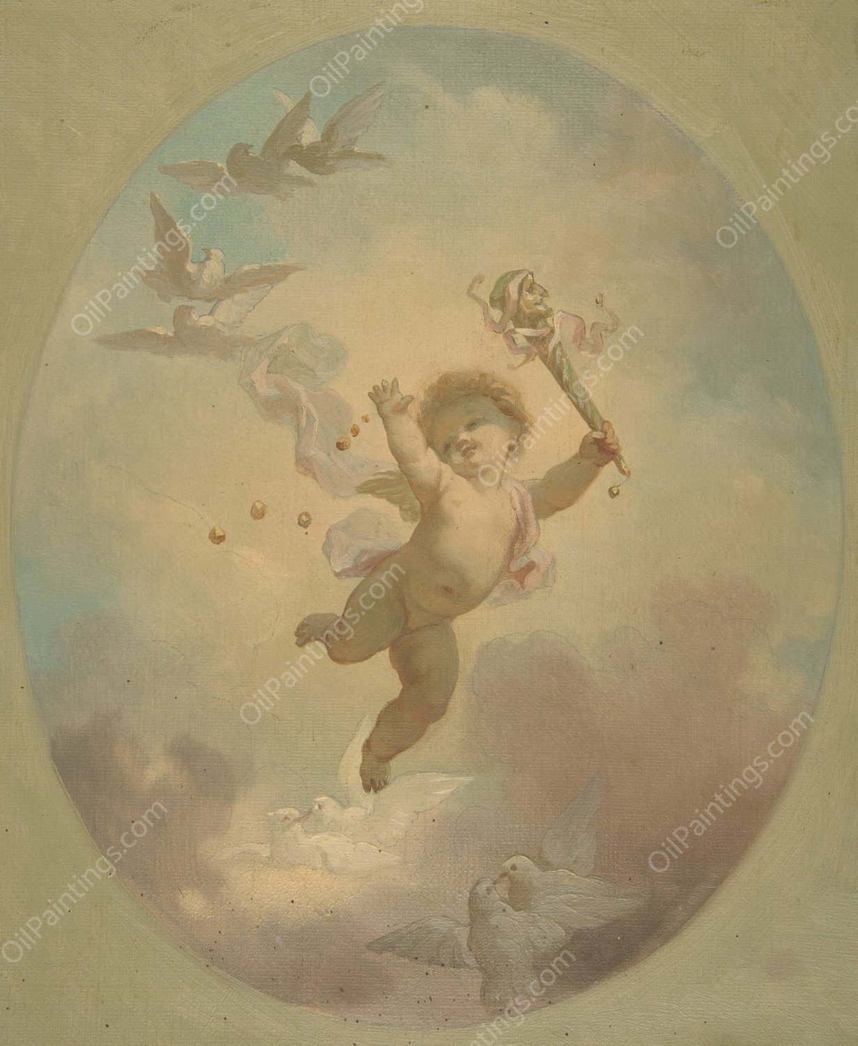 A winged putto and turtle doves  by Jules-Edmond-Charles Lachaise - Hand-Painted Oil Painting Reproduction