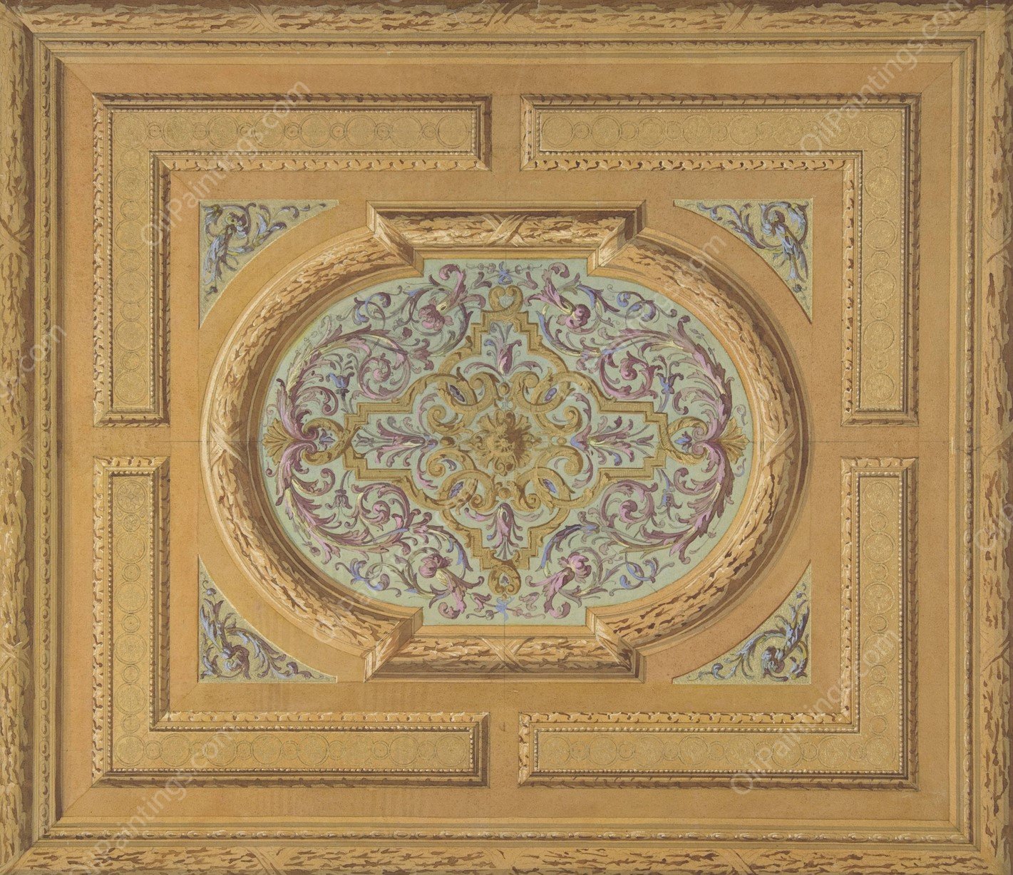 Design for a ceiling decorated with bands of oak leaves and a central panel of scrolls and rinceaux  by Jules-Edmond-Charles Lachaise - Hand-Painted Oil Painting Reproduction