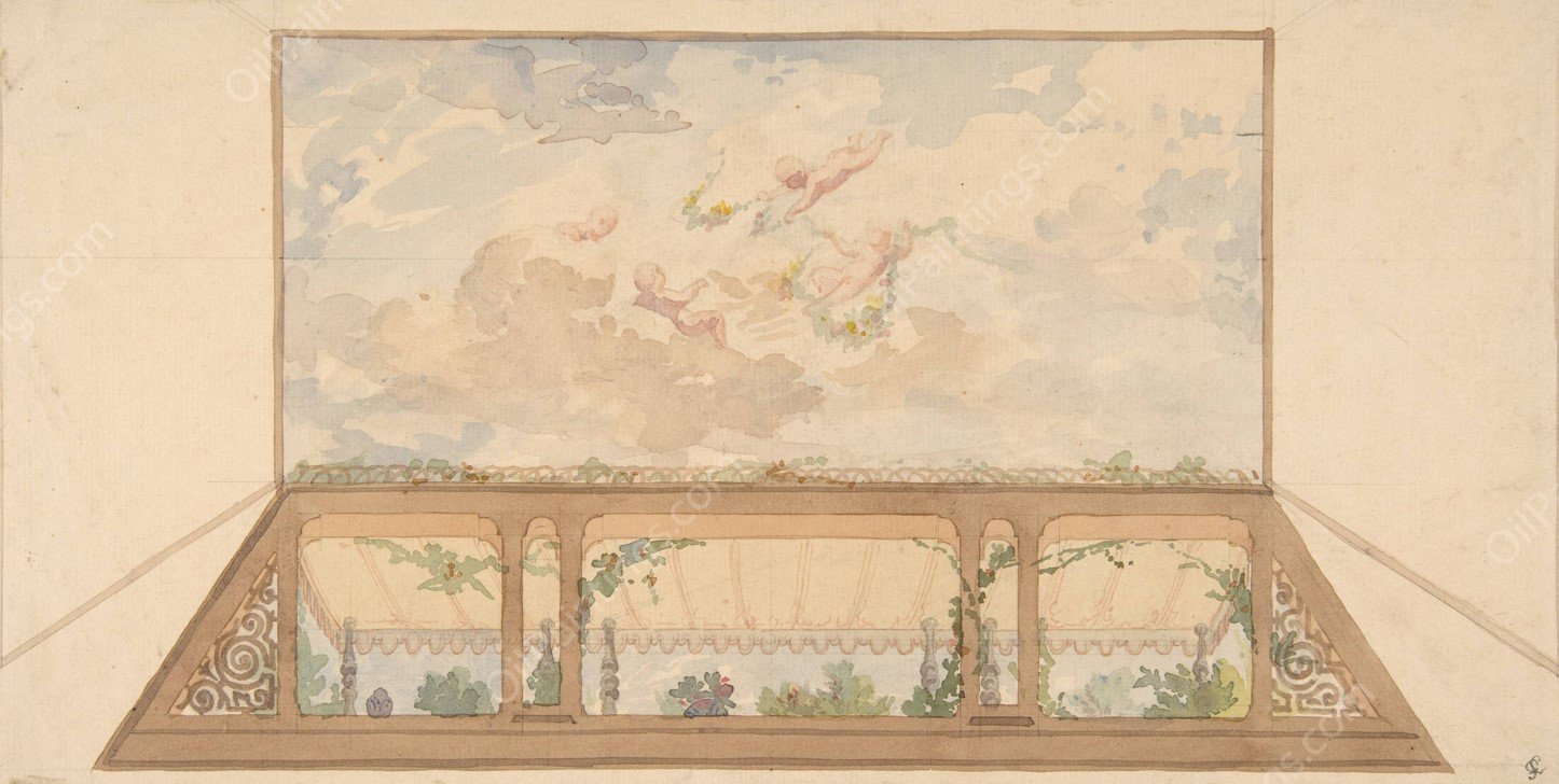 Design for a ceiling painted with a trompe l'oeil awning and putti in clouds  by Jules-Edmond-Charles Lachaise - Hand-Painted Oil Painting Reproduction