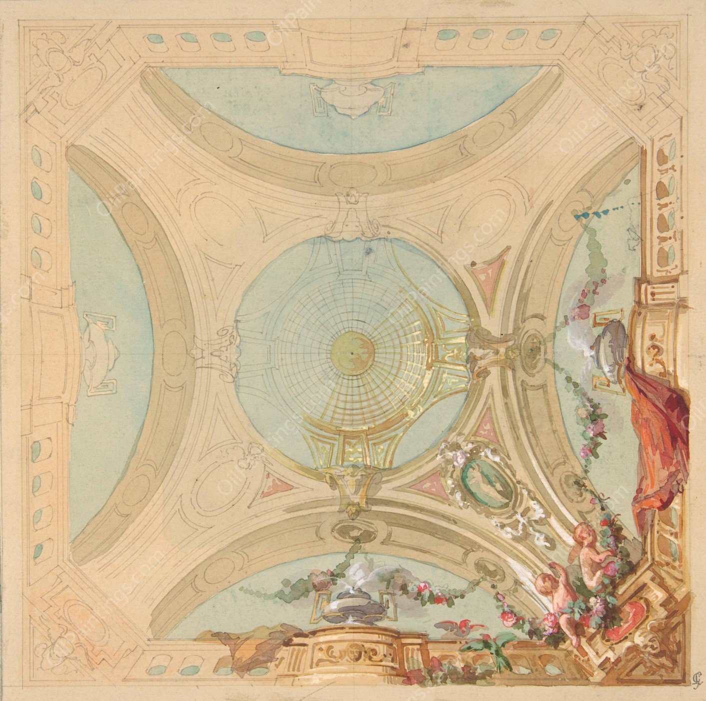 Design for a ceiling with garland bearing putti  by Jules-Edmond-Charles Lachaise - Hand-Painted Oil Painting Reproduction
