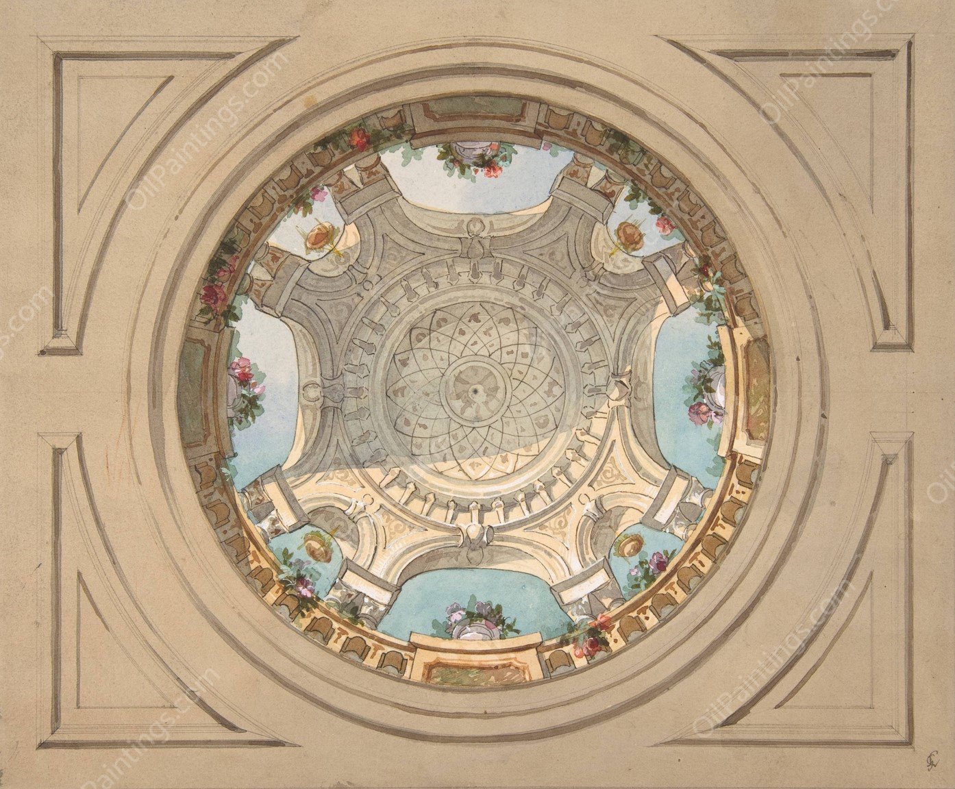 Design for a ceiling with trompe l'oeil balustrade  by Jules-Edmond-Charles Lachaise - Hand-Painted Oil Painting Reproduction