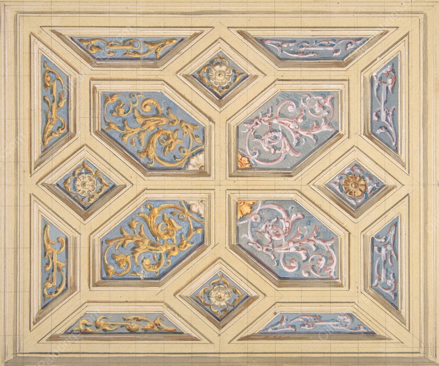 Design for a coffered ceiling decorated with rinceaux  by Jules-Edmond-Charles Lachaise - Hand-Painted Oil Painting Reproduction