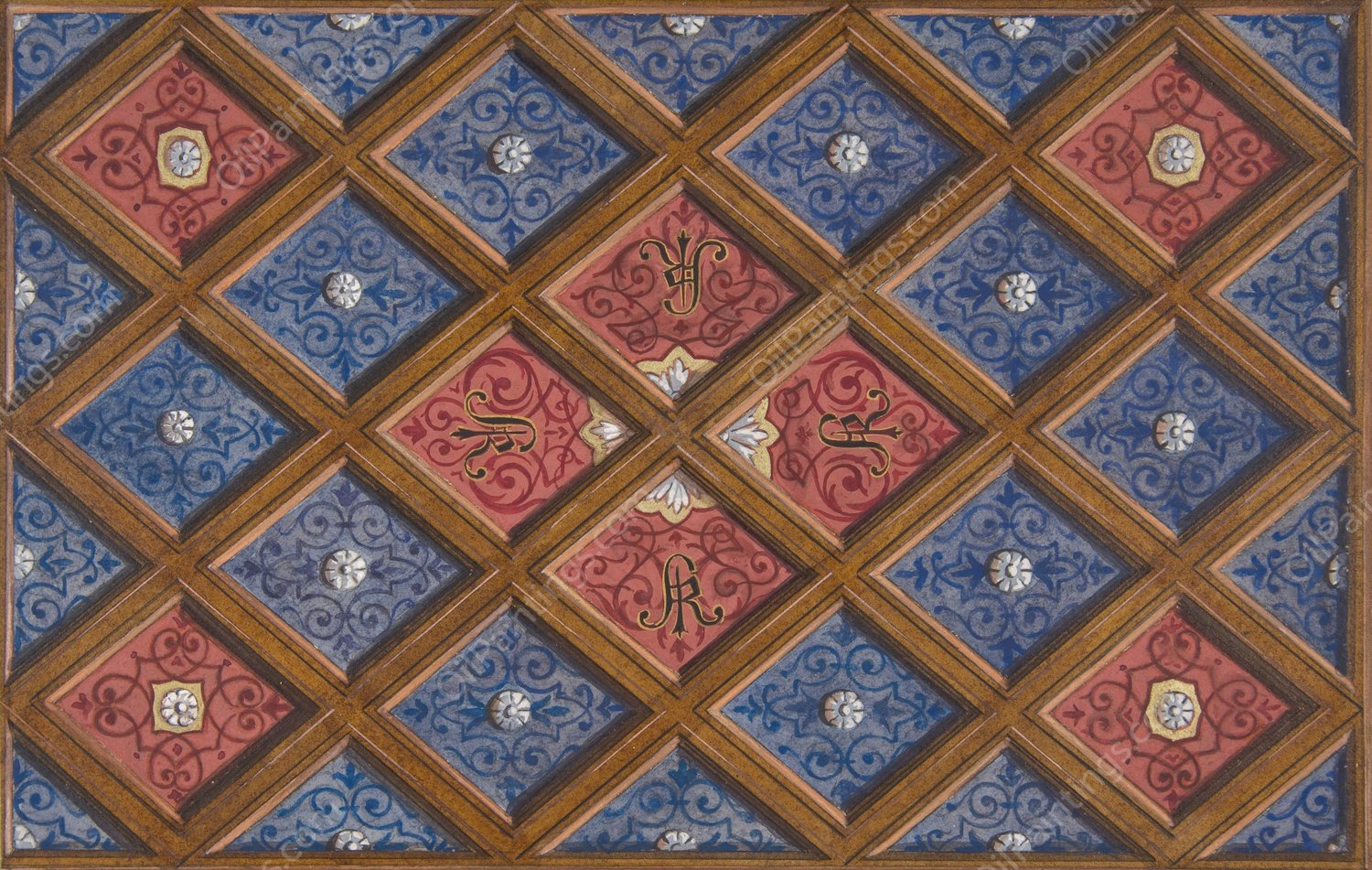 Design for a coffered ceiling with painted initials; SRI  by Jules-Edmond-Charles Lachaise - Hand-Painted Oil Painting Reproduction