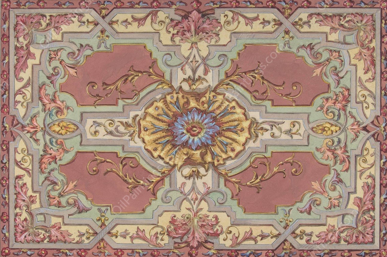 Design for a Painted Ceiling with Strapwork and Foliage on a Rose Background  by Jules-Edmond-Charles Lachaise - Hand-Painted Oil Painting Reproduction