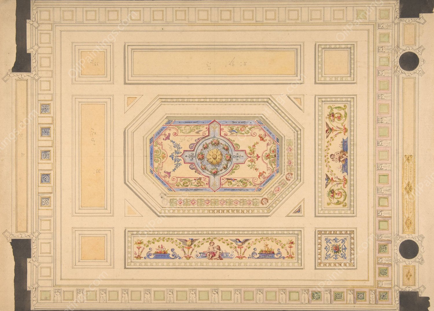 Design for a paneled ceiling painted with putti, birds, and floral motifs  by Jules-Edmond-Charles Lachaise - Hand-Painted Oil Painting Reproduction