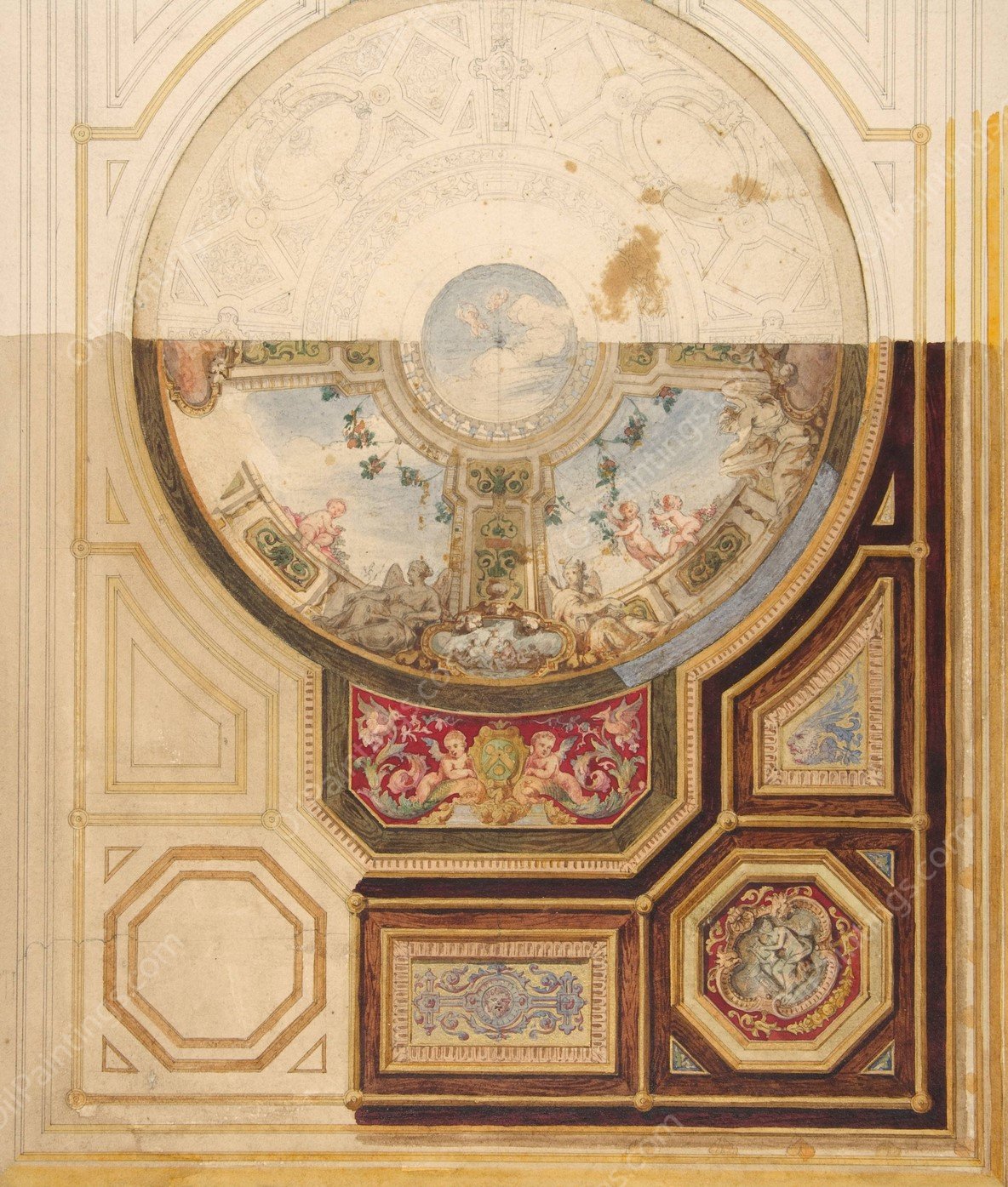 Design for a paneled ceiling with a trompe l'oeil dome in London  by Jules-Edmond-Charles Lachaise - Hand-Painted Oil Painting Reproduction