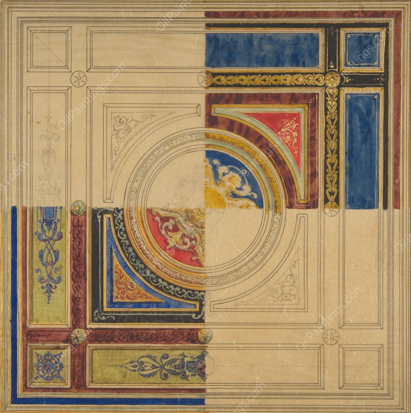 Design for a paneled ceiling with alternative decorations  by Jules-Edmond-Charles Lachaise - Hand-Painted Oil Painting Reproduction