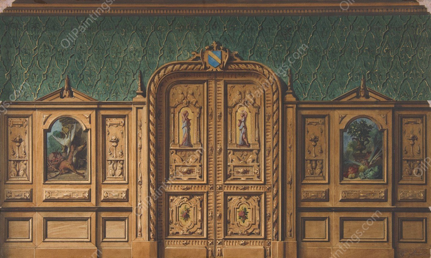 Design for a room with wood panels inset with paintings and a heavily-carved double door  by Jules-Edmond-Charles Lachaise - Hand-Painted Oil Painting Reproduction