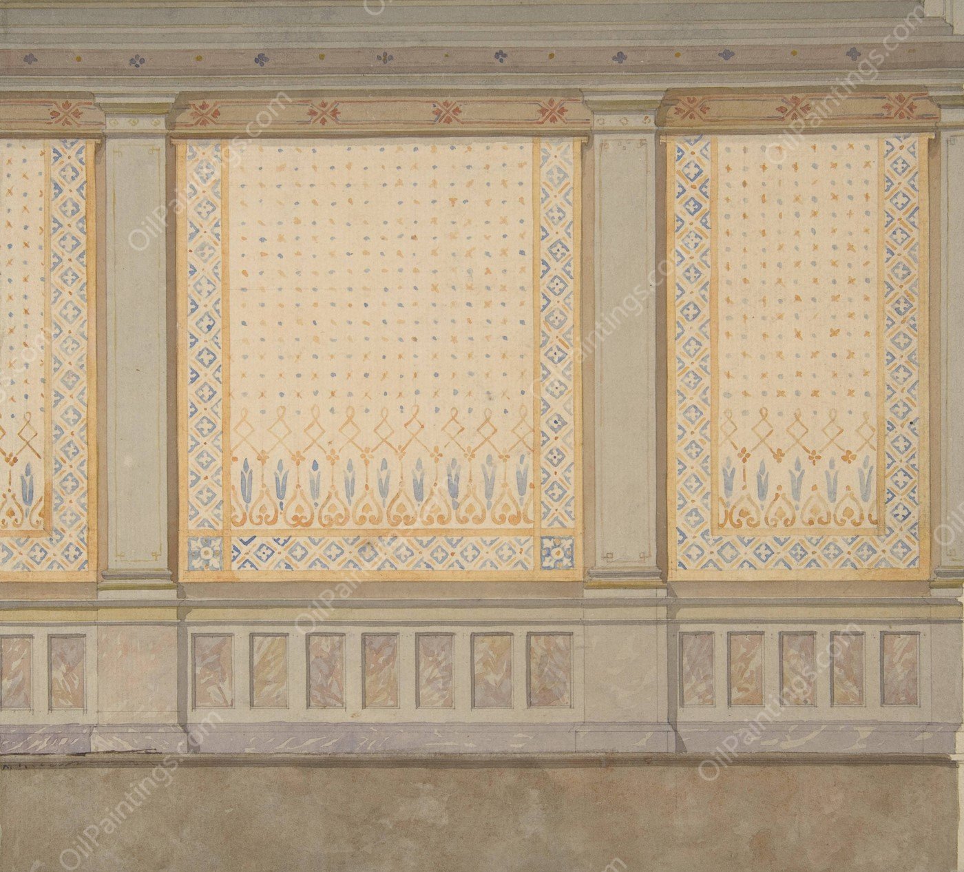 Design for decoration of a wall with painted panels separated by pilasters  by Jules-Edmond-Charles Lachaise - Hand-Painted Oil Painting Reproduction