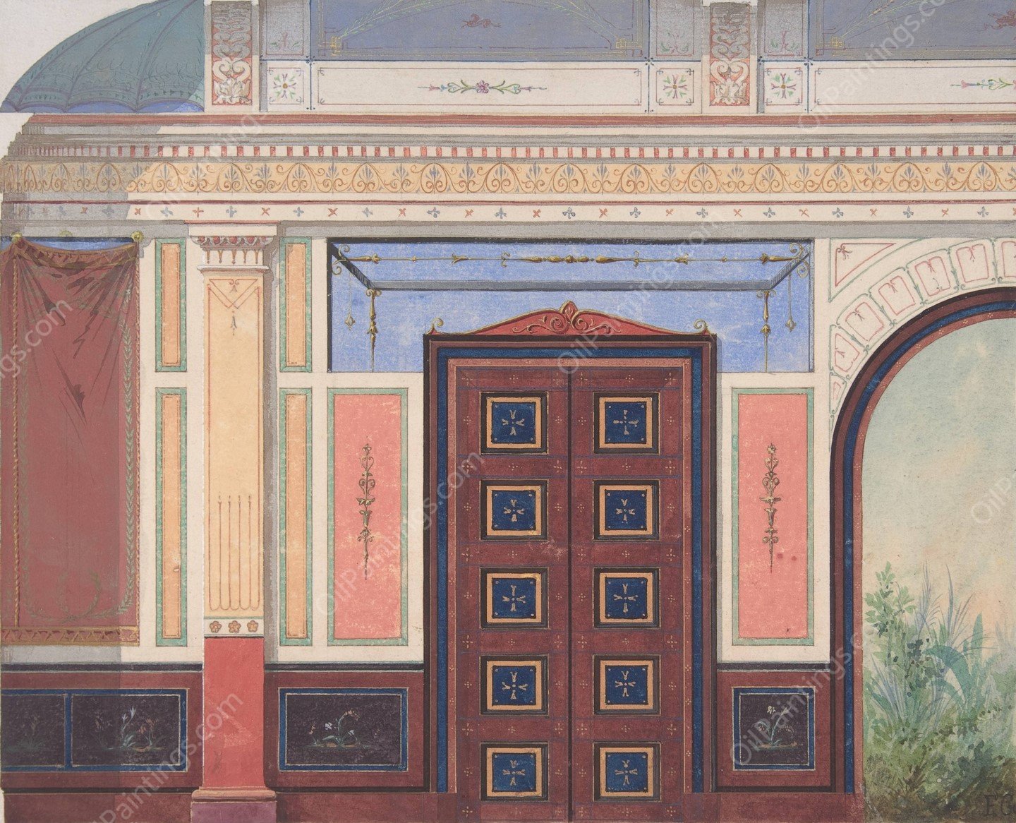 Design for Elevation of Ceiling and Wall, Deepdene, Dorking, Surrey  by Jules-Edmond-Charles Lachaise - Hand-Painted Oil Painting Reproduction