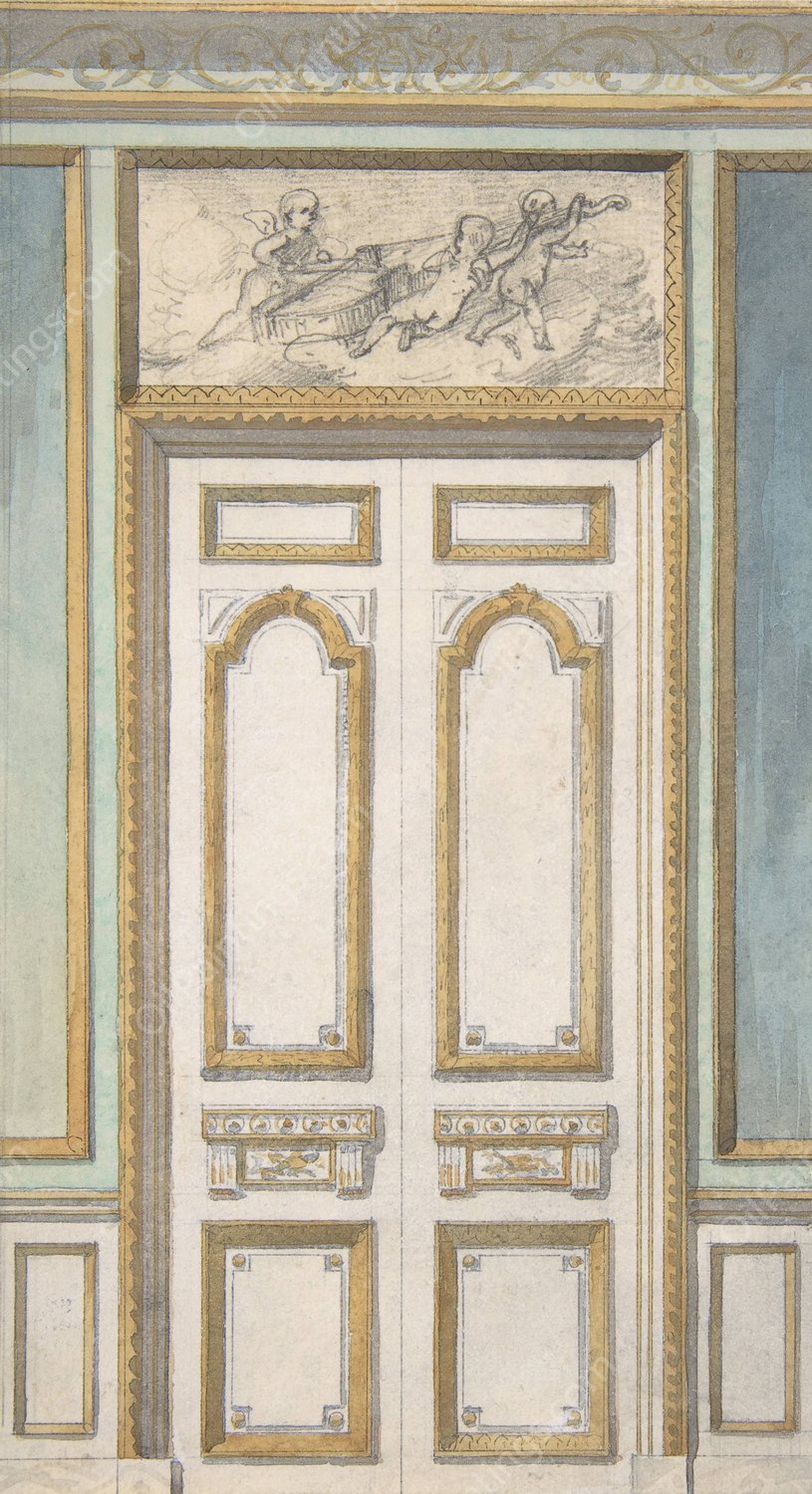 Design for Single Door and Overdoor Panel with Cupids Bearing a Violin  by Jules-Edmond-Charles Lachaise - Hand-Painted Oil Painting Reproduction