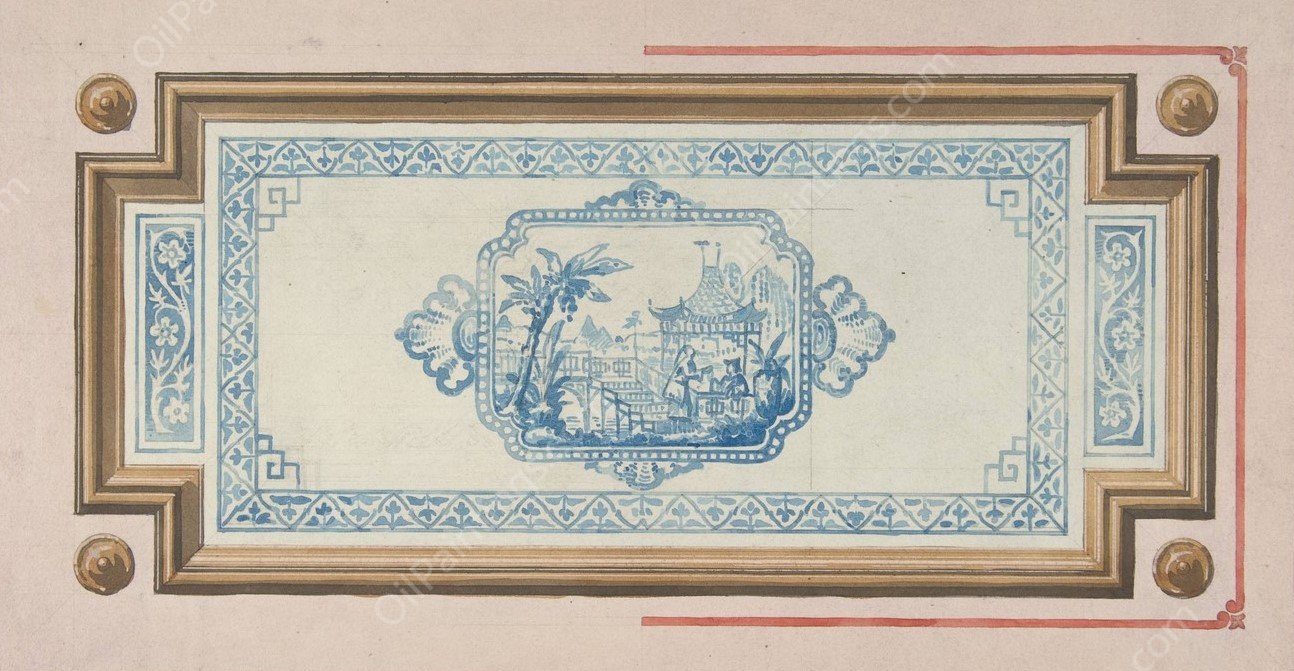 Design for the decoration of a ceiling with a Chinese blue and white design  by Jules-Edmond-Charles Lachaise - Hand-Painted Oil Painting Reproduction