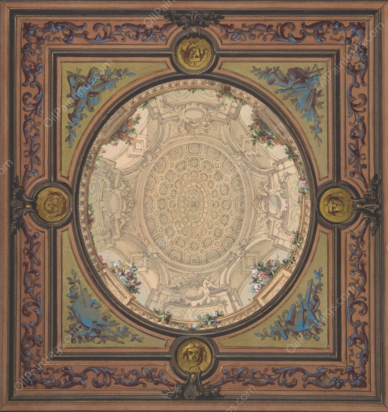 Design for the decoration of a ceiling with a trompe l'oeil painting of a coffered dome  by Jules-Edmond-Charles Lachaise - Hand-Painted Oil Painting Reproduction
