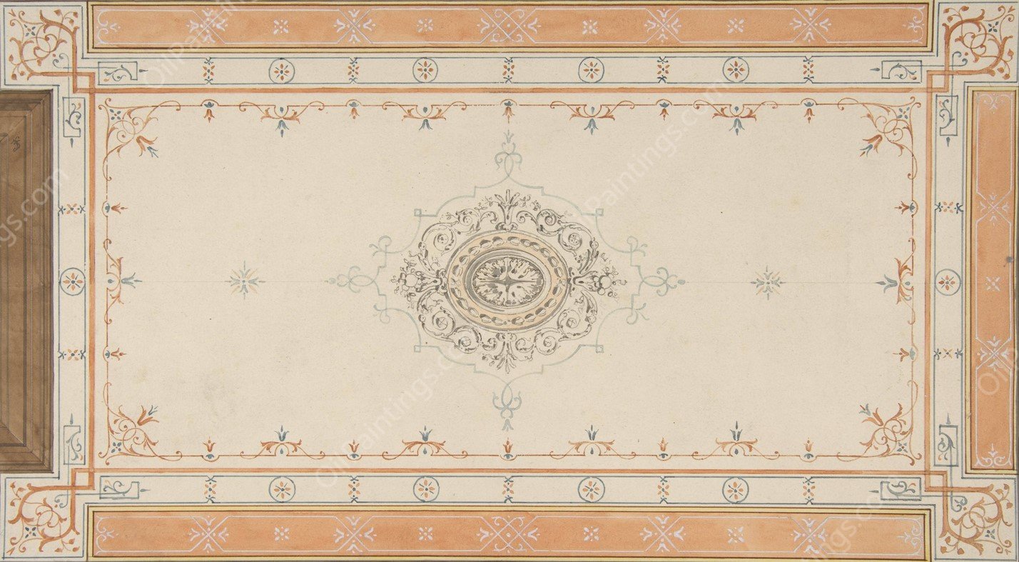 Design for the decoration of a ceiling with filagree borders and a central medallion  by Jules-Edmond-Charles Lachaise - Hand-Painted Oil Painting Reproduction