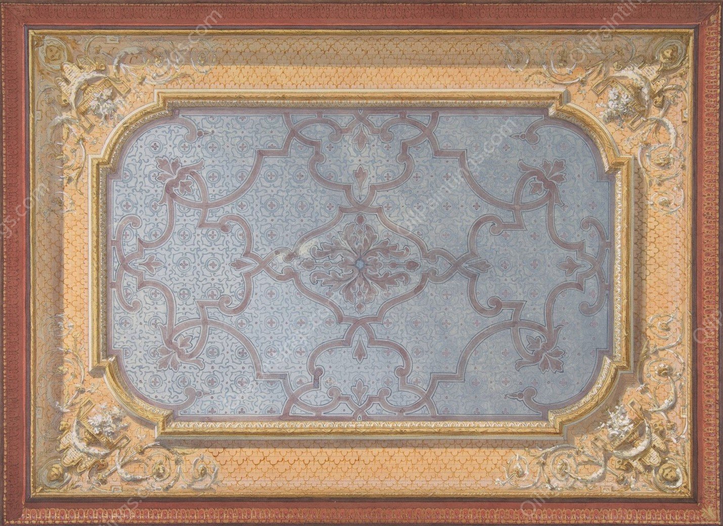 Design for the decoration of a ceiling with urns, swags, and portrait medallions in the four corners  by Jules-Edmond-Charles Lachaise - Hand-Painted Oil Painting Reproduction