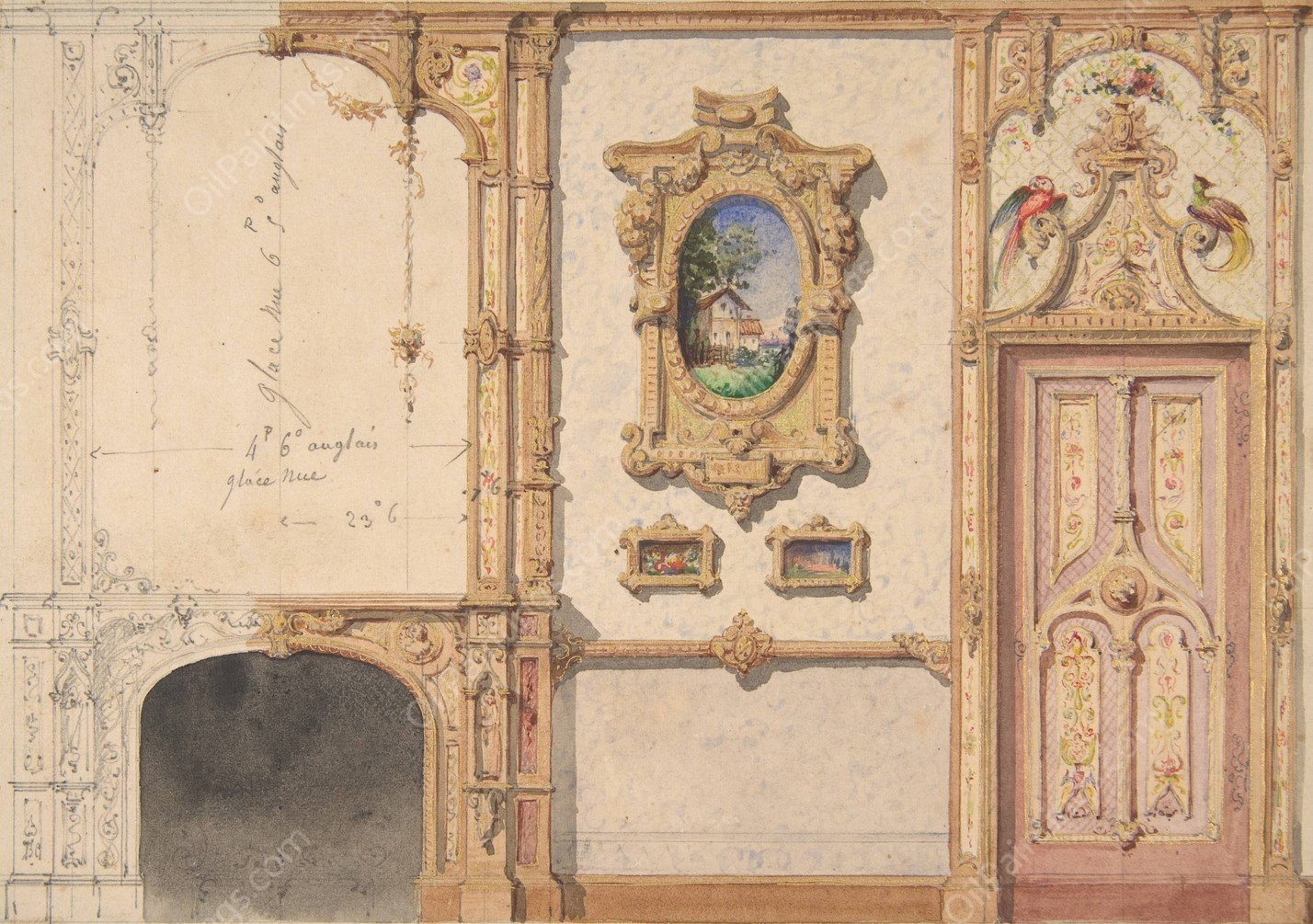 Design for the decoration of a wall punctuated by a fireplace and a door and hung with gold-framed pictures  by Jules-Edmond-Charles Lachaise - Hand-Painted Oil Painting Reproduction