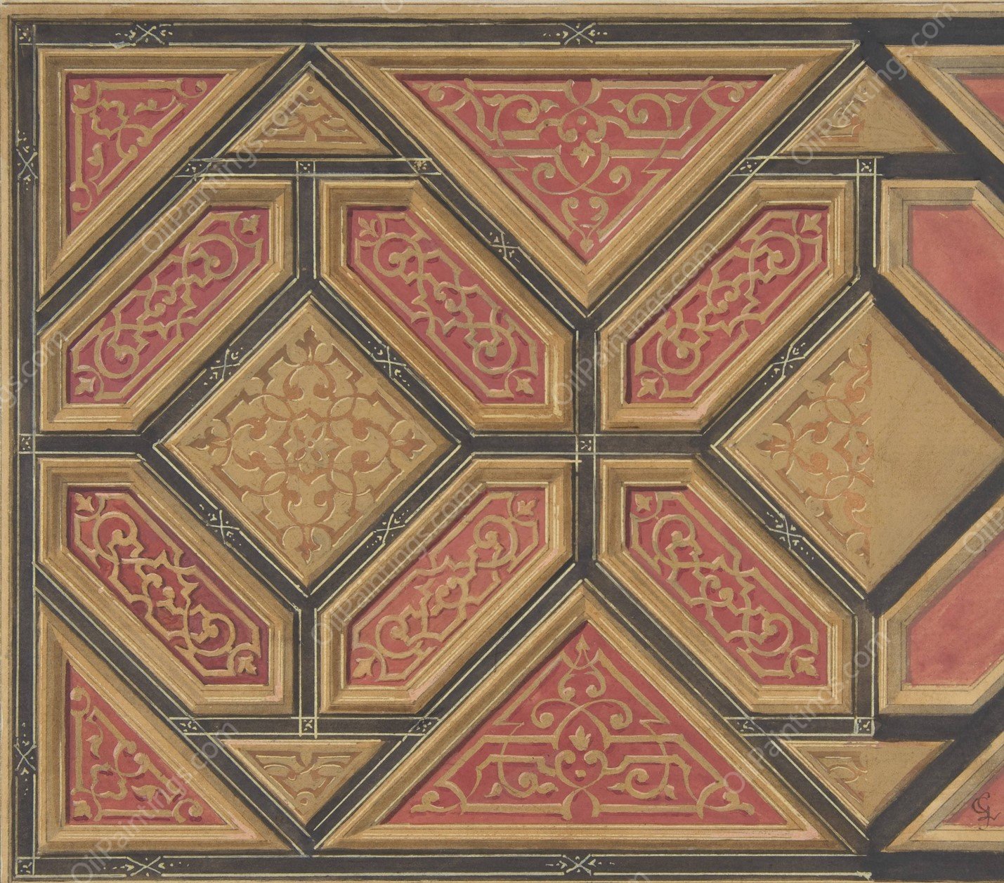 Design for the Decoration of the Ceiling in the Hotel de Pless, Berlin, or the Chateau de Cange in the Loire  by Jules-Edmond-Charles Lachaise - Hand-Painted Oil Painting Reproduction