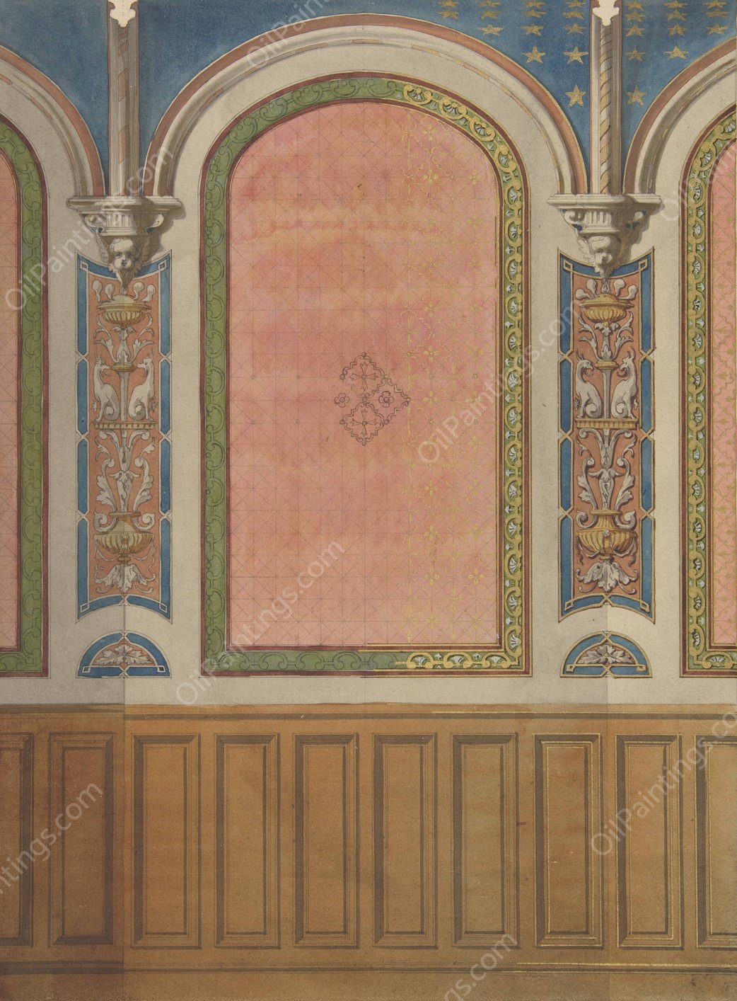 Design for the decoration of wall with wood panels and arched bays  by Jules-Edmond-Charles Lachaise - Hand-Painted Oil Painting Reproduction