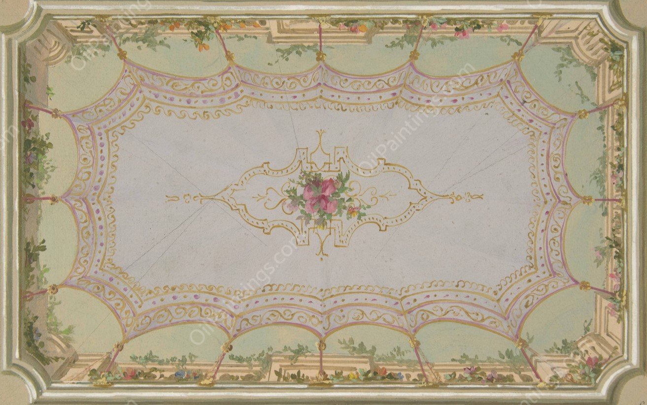 Design for the painted decoration of a ceiling with a trompe l'oeil canopy and roses  by Jules-Edmond-Charles Lachaise - Hand-Painted Oil Painting Reproduction