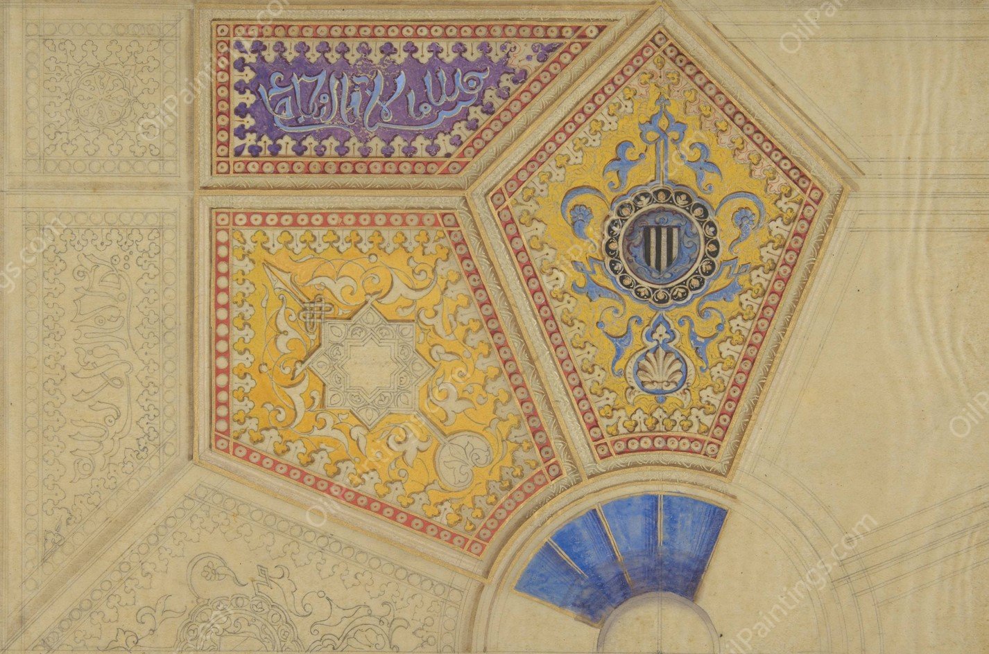 Design for the painted decoration of a coffered ceiling  by Jules-Edmond-Charles Lachaise - Hand-Painted Oil Painting Reproduction