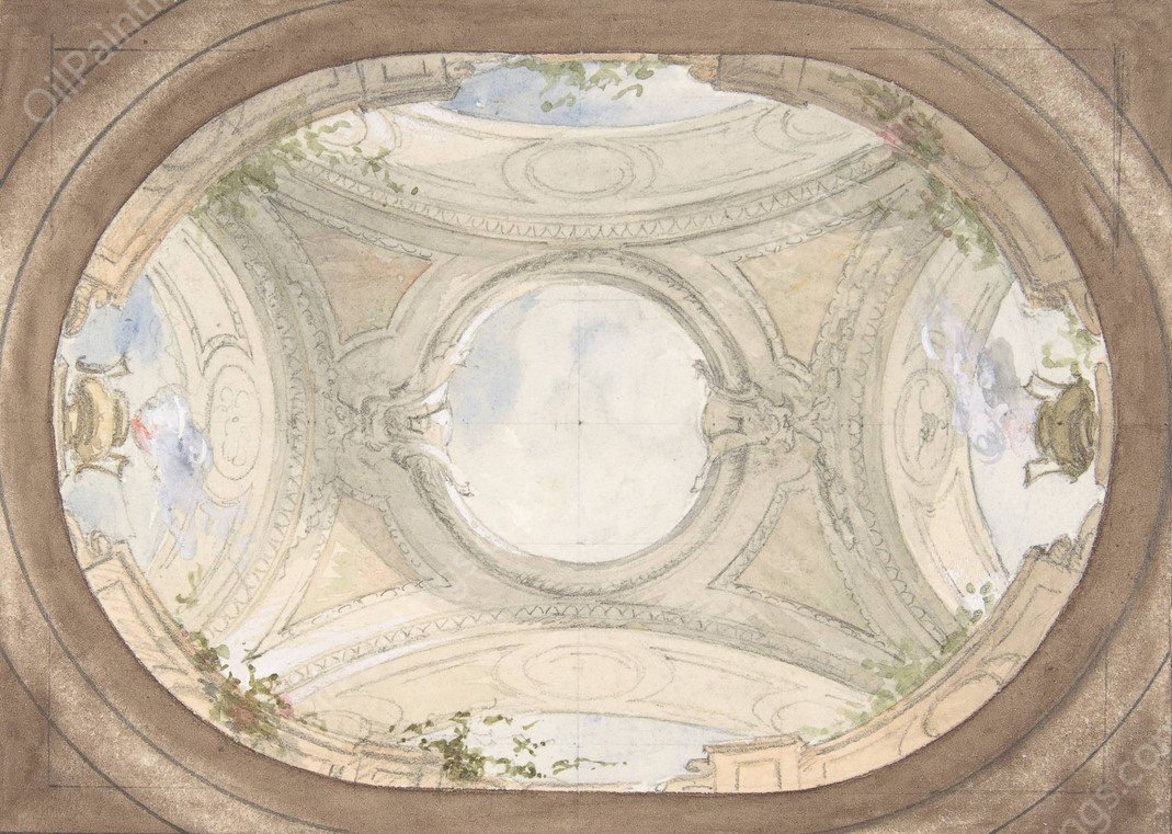 Design for Trompe L'Oeil Ceiling for Dining Room, Hotel de Trevise  by Jules-Edmond-Charles Lachaise - Hand-Painted Oil Painting Reproduction