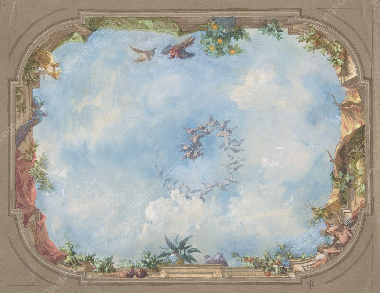 Design for Trompe l'Oeil Stairway Ceiling, Hotel Hope  by Jules-Edmond-Charles Lachaise - Hand-Painted Oil Painting Reproduction