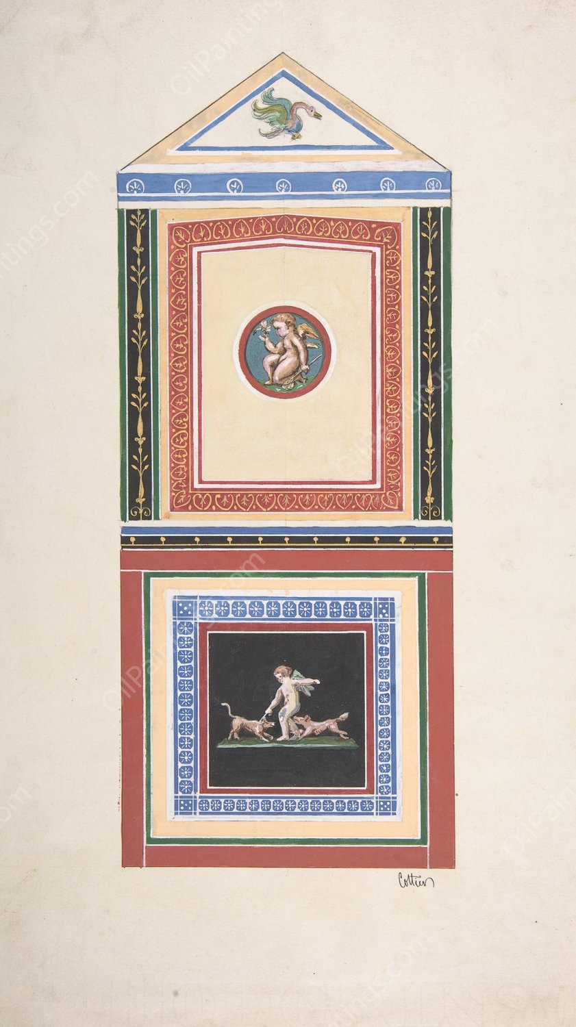 Design for Wall Decor Painted with Putti and Dogs  by Jules-Edmond-Charles Lachaise - Hand-Painted Oil Painting Reproduction