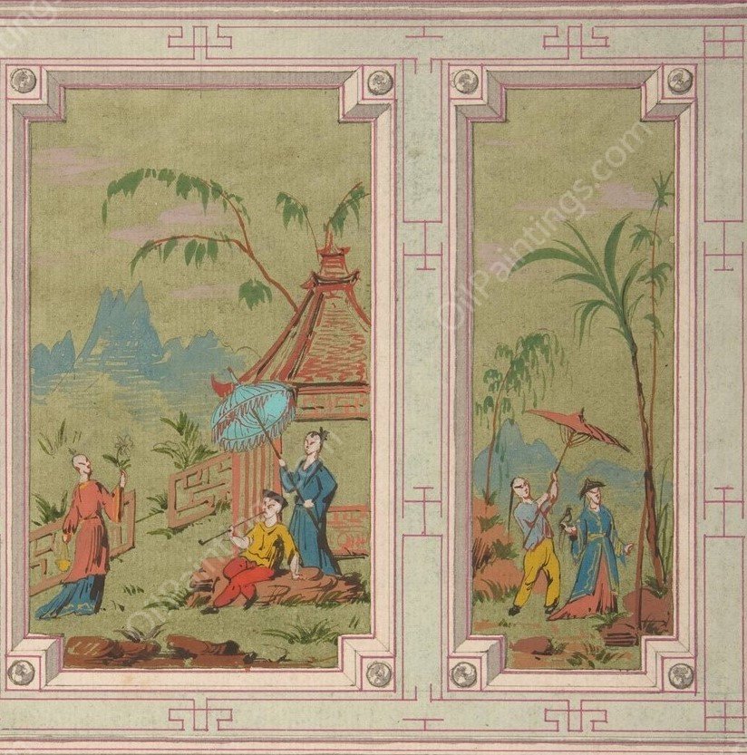 Design for wall panels decorated with Chinoiserie scenes  by Jules-Edmond-Charles Lachaise - Hand-Painted Oil Painting Reproduction