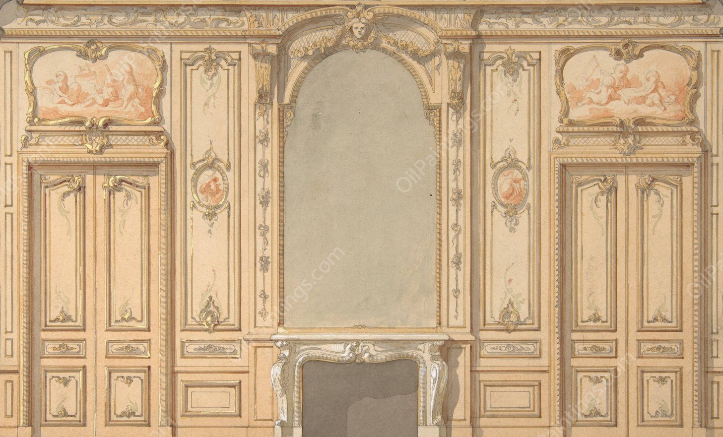 Design for wall panels, mirror, and fire mantle  by Jules-Edmond-Charles Lachaise - Hand-Painted Oil Painting Reproduction