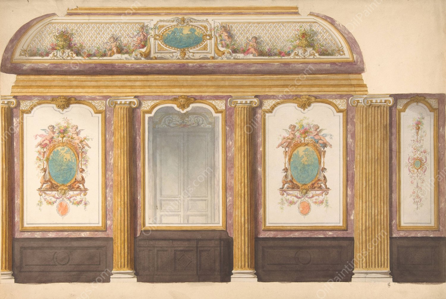 Design for wall panels with putti and flower garlands  by Jules-Edmond-Charles Lachaise - Hand-Painted Oil Painting Reproduction