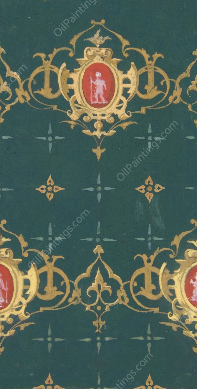 Design for wallpaper featuring rinceaux and carouches framing figures  by Jules-Edmond-Charles Lachaise - Hand-Painted Oil Painting Reproduction