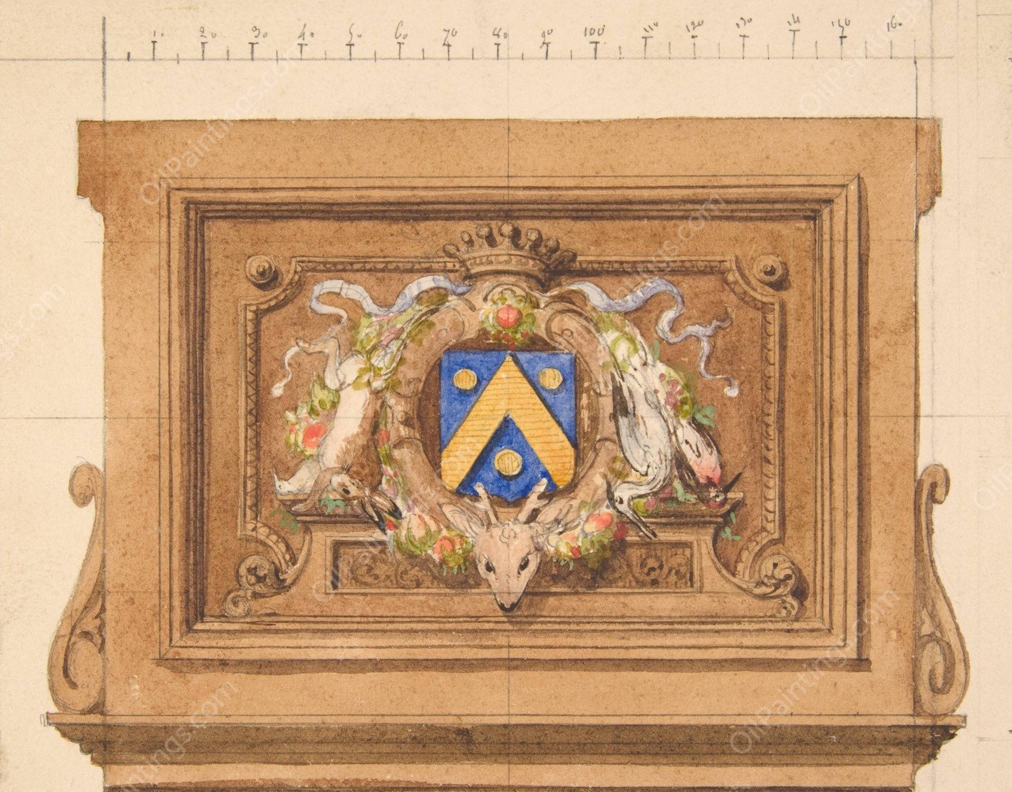 Design of a decorative panel featuring hunting trophies, a shield, and a crown  by Jules-Edmond-Charles Lachaise - Hand-Painted Oil Painting Reproduction