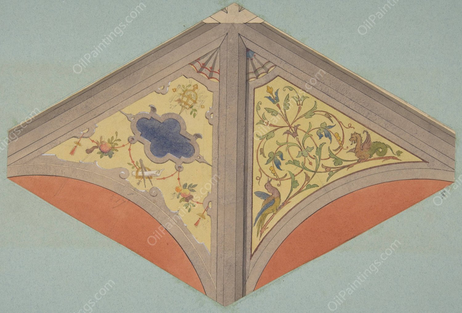 Designs for the painted decoration of a vaulted ceiling  by Jules-Edmond-Charles Lachaise - Hand-Painted Oil Painting Reproduction