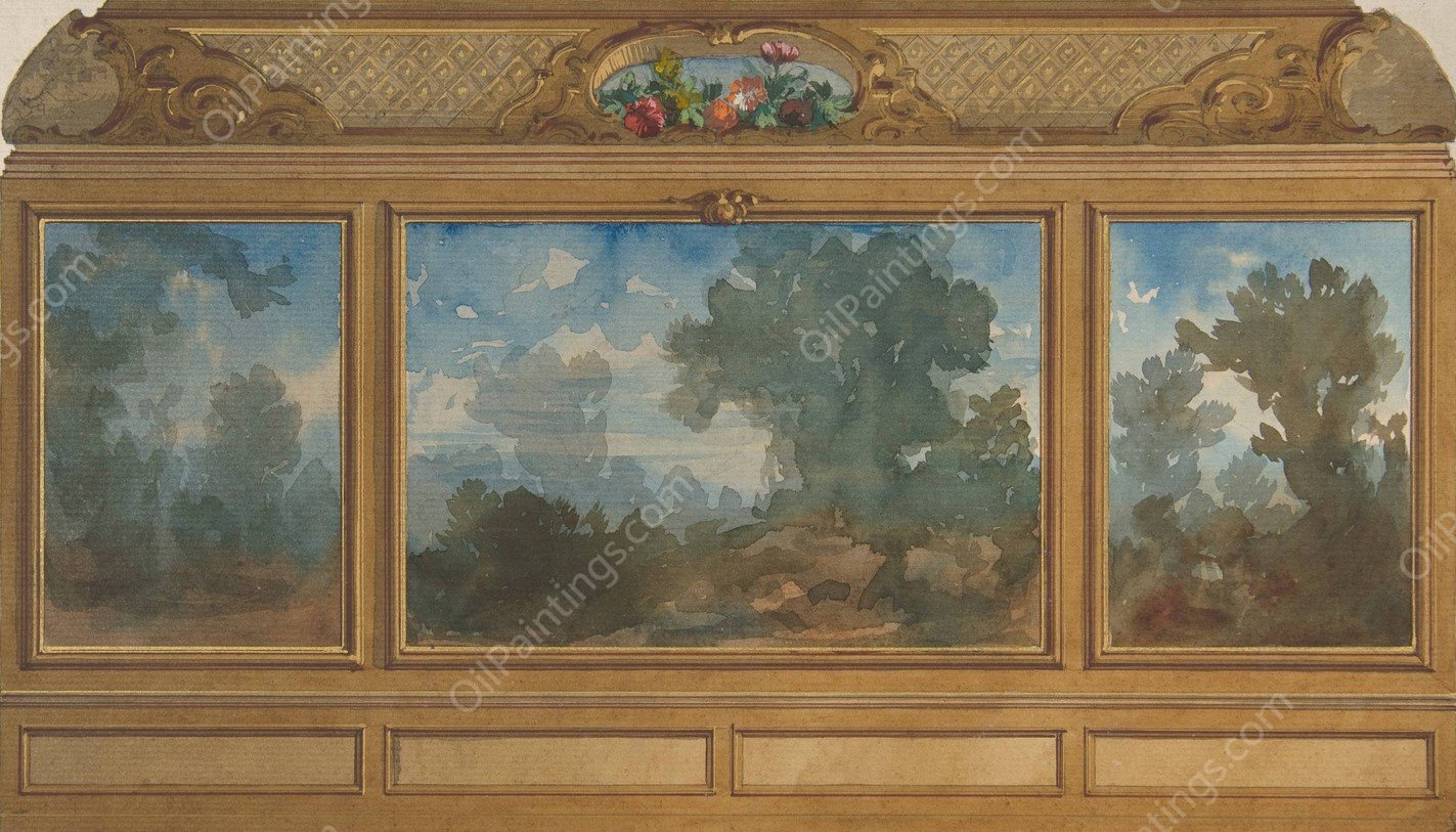 Elevation of a paneled interior decorated with painted landscapes and coves with cartouches and flowers  by Jules-Edmond-Charles Lachaise - Hand-Painted Oil Painting Reproduction