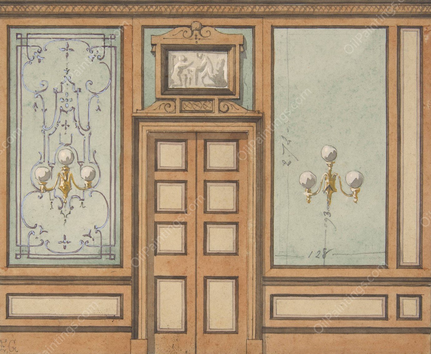 Elevation of a paneled interior with double doors and gaslight sconces  by Jules-Edmond-Charles Lachaise - Hand-Painted Oil Painting Reproduction