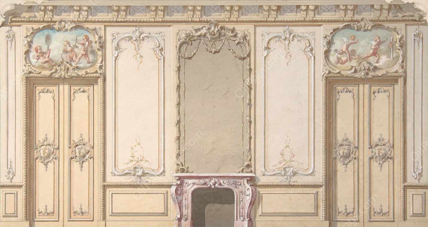 Elevation of a salon decorated in Louis XV style  by Jules-Edmond-Charles Lachaise - Hand-Painted Oil Painting Reproduction